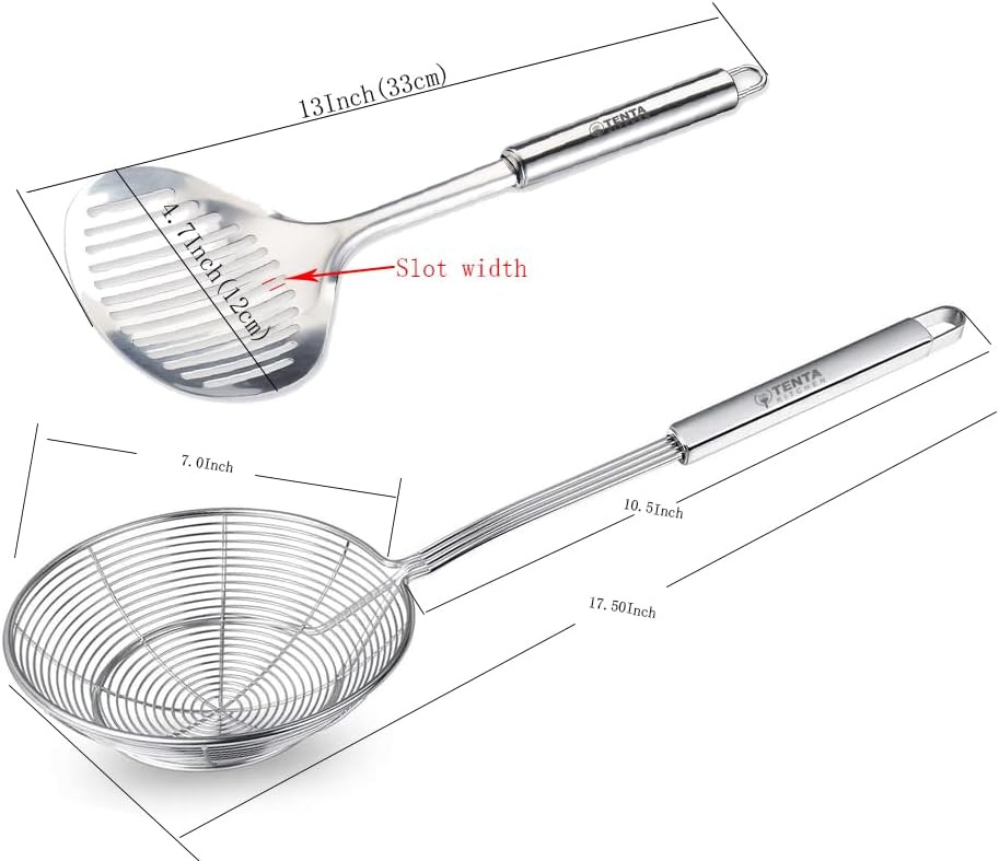 Multi Kitchen Utensil Stainless Steel Cooking Skimmer Slotted Fish Turner Spatula Spoon Colander Drain Water Filter Spoon Ladle Spider Strainer Skimmer Ladle for Cooking &Frying (2pcs)