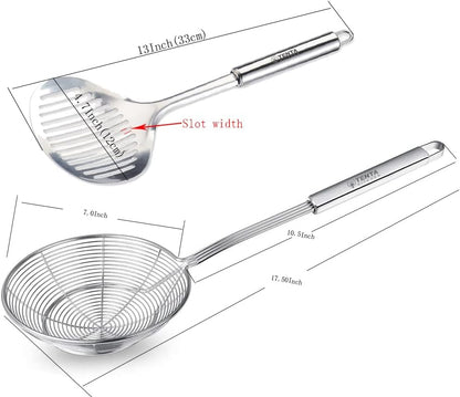 Multi Kitchen Utensil Stainless Steel Cooking Skimmer Slotted Fish Turner Spatula Spoon Colander Drain Water Filter Spoon Ladle Spider Strainer Skimmer Ladle for Cooking &Frying (2pcs)
