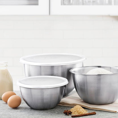 Tovolo Stainless Steel Mixing Bowls with Lid Set of 3 Nesting Mixing Bowls Small Medium Large, Dishwasher Safe Metal Bowl Set with BPA Free Lids Stamped Measurements for Measuring Cooking Baking