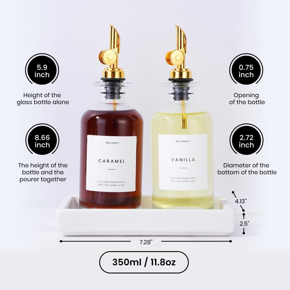 Molimoli - Premium Olive Oil Dispenser Bottles for Kitchen with Pourer - Oil and Vinegar Dispenser Set, Glass Dispenser for Kitchen, Dispenser Bottle of 350ml - Set of 2