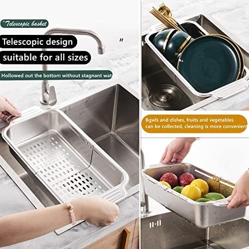 ZDRongZhen Kitchen Supply-Over the Sink Colander Strainer Basket Stainless Steel Retractable Kitchen Sink Basket -Wash Vegetables and Fruits, Drain Pasta and Dry Dishes,Extendable (Small silver)