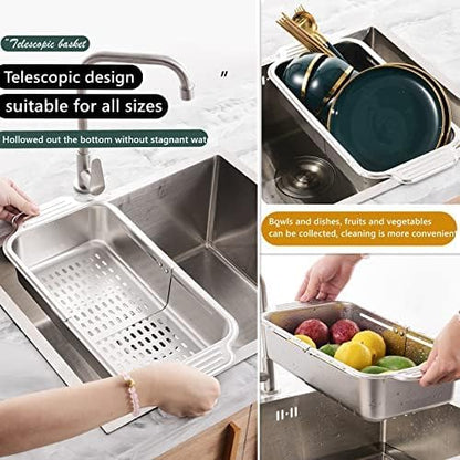 ZDRongZhen Kitchen Supply-Over the Sink Colander Strainer Basket Stainless Steel Retractable Kitchen Sink Basket -Wash Vegetables and Fruits, Drain Pasta and Dry Dishes,Extendable (Small silver)