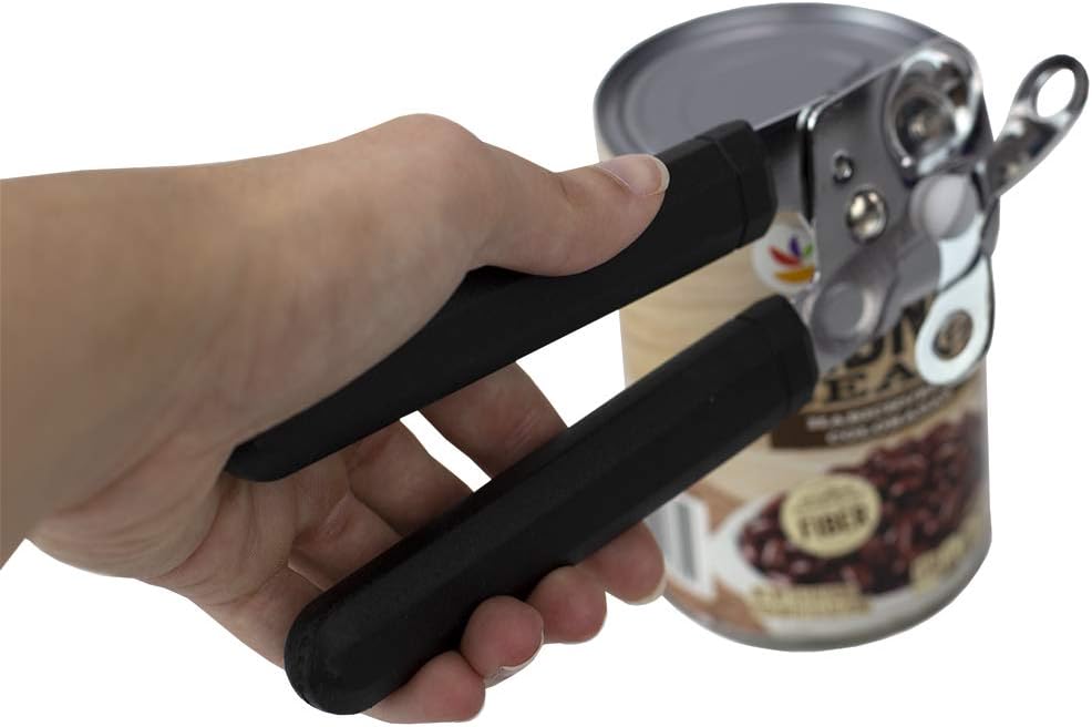 Home Basics Stainless Steel Manual Handheld Can Opener with Long Smooth Grip Rubber Handles, Black