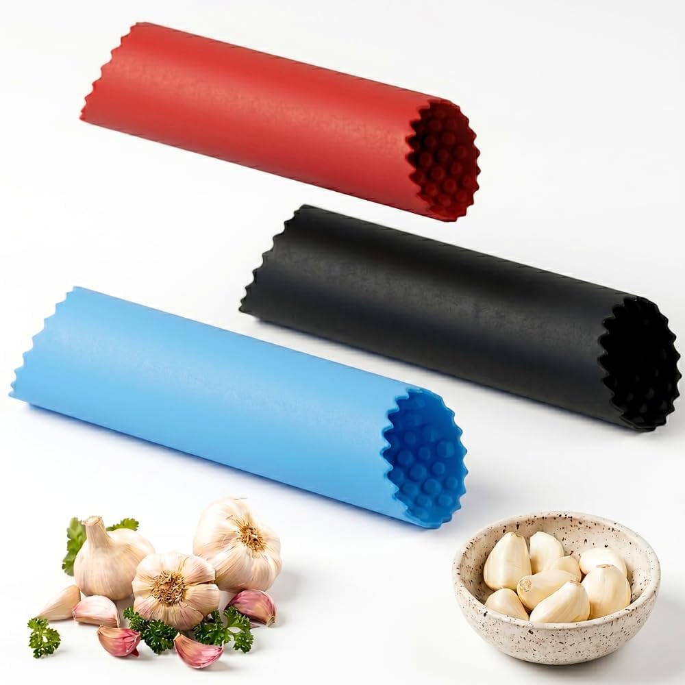 Silicone Garlic Skin Remover, 3‑Pack – Easy Peel Tubes for Garlic Cloves, Food‑Grade Non‑Slip Kitchen Tool, Reusable Dishwasher‑Safe, Blue Red Black
