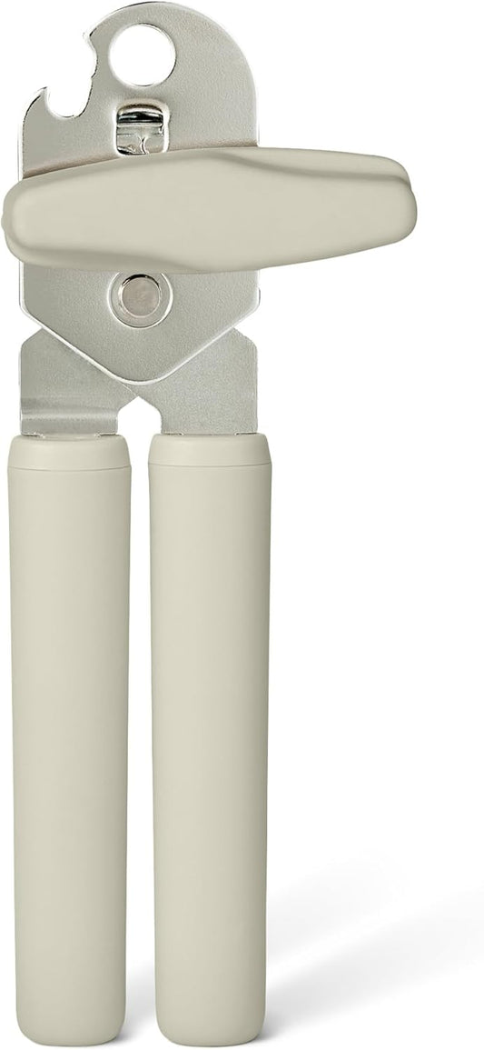 Amazon Basics Manual Can Opener with Stainless Steel Construction, Soft Grip Handle, Dishwasher Safe, Linen Gray