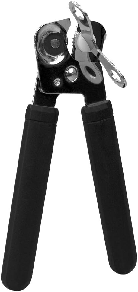 Home Basics Stainless Steel Manual Handheld Can Opener with Long Smooth Grip Rubber Handles, Black