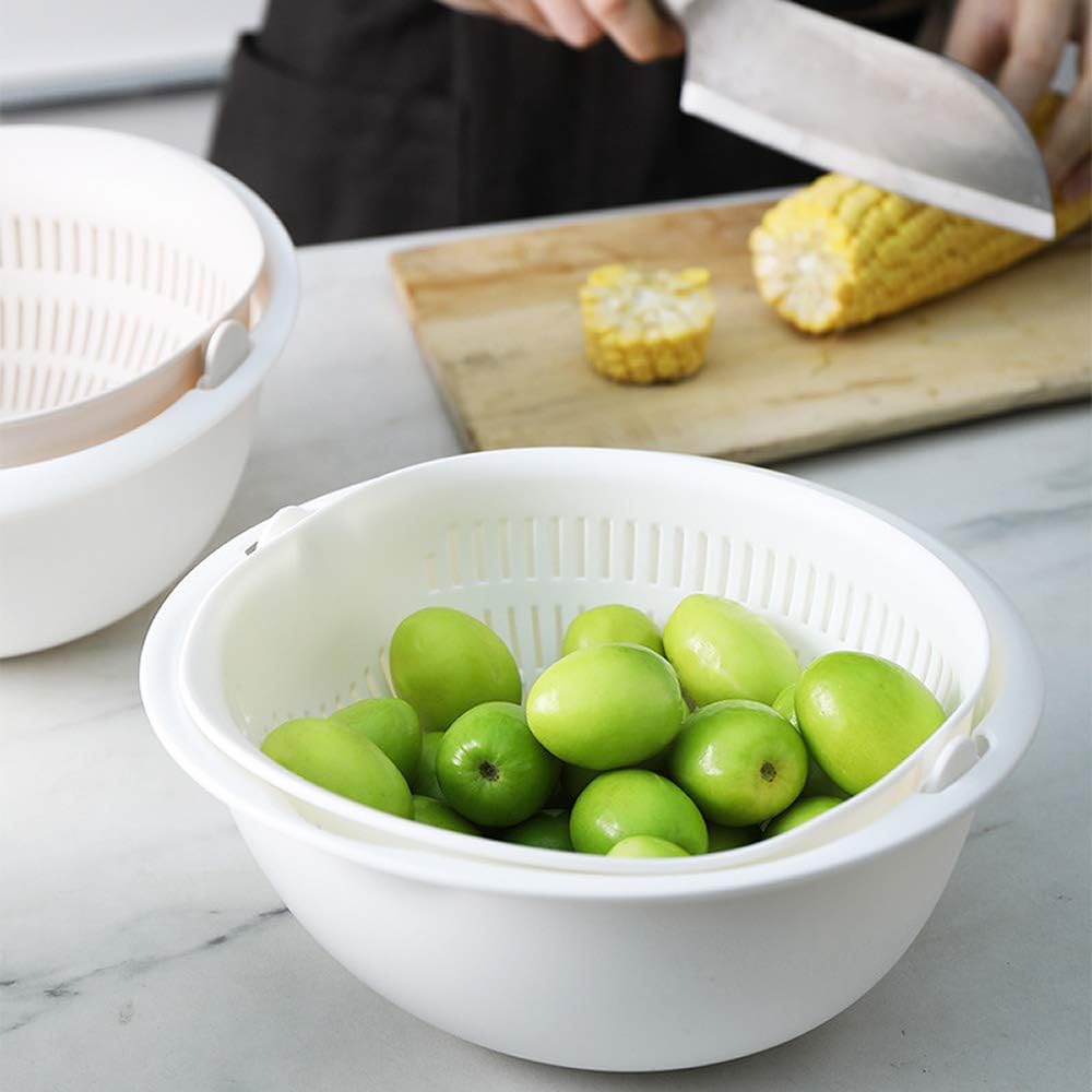 Double Layer Swivel Drainer 2 in 1 Bowl Strainer Combo - Kitchen Colander Fruit Wash Strainer for Cleaning Veggies, Noodles (Beige)