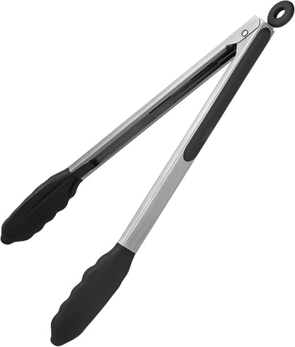 600ºF Heat Resistant Kitchen Tongs: U-Taste 9 inch Silicone Cooking Tong with Firm Sealed Non Stick Rubber Tips & Silicon Coated 18/8 Stainless Steel Handle & Smooth Locking for Serving Salad (Black)