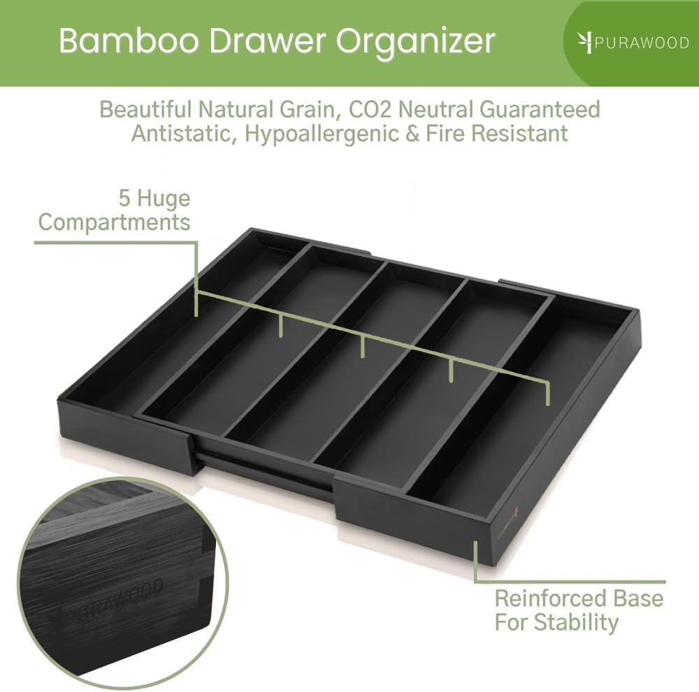 Purawood Bamboo Drawer Organizer - Expandable Silverware Organizer & Utensil Drawer Organizer, Cutlery Tray with Dividers, 7-9 Slots- Kitchen Organizer for Utensils & Flatware (Natural)