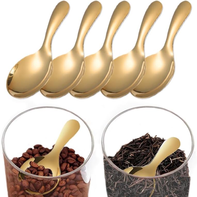 5 Pack Short Handle Scoops for Containers - Stainless Steel Small Scoops for Salt Sugar Coffee Tea Dessert (Gold)