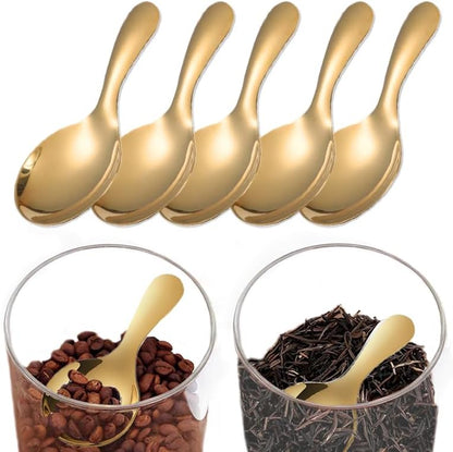 5 Pack Short Handle Scoops for Containers - Stainless Steel Small Scoops for Salt Sugar Coffee Tea Dessert (Gold)