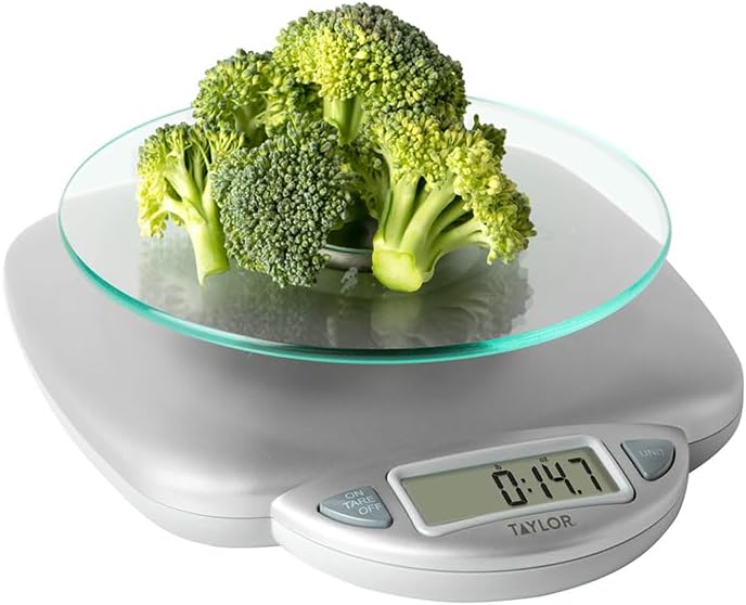 Taylor 11LB Capacity Digital Glass Top Kitchen Scale with LCD Display, Weight in Grams and Ounces for Baking, Cooking, and Meal Prep, Silver