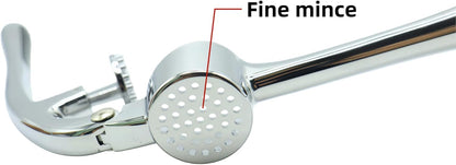 Garlic press for fine mincing, heavy-duty garlic press joystick, rust proof zinc alloy material, ergonomic handle, equipped with silicone peeler and cleaning brush, dishwasher washable, bright silver