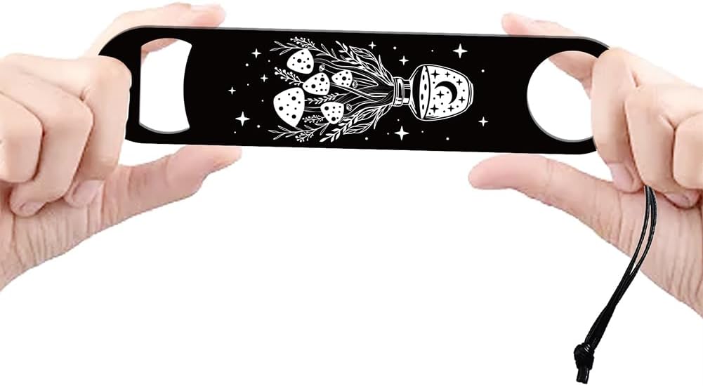 GLOBLELAND 7inch Lunar Phase and Mushrooms Art Stainless Steel Bottle Opener with PU Cord Bar Key for Bartender Beer Bottle Opener Flat Bar Bartender Openers Gift for Home Kitchen Bar Party