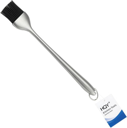 Heavy-duty BBQ Basting Brush by HQY - Silicone Bristles with 12 Inch Stainless Steel Handle - Make Grilling Easy - 5 Year Guarantee