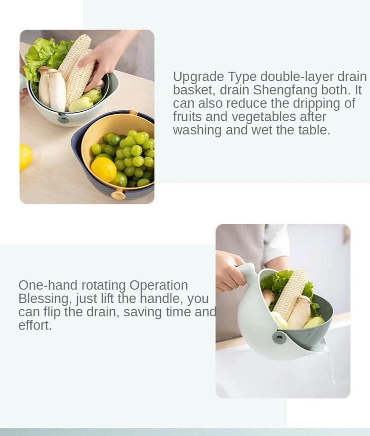 2 in 1 Kitchen Colander Rotating Washing Basket with Handle 2-Qt for Fruits Vegetables Pasta Noodles Washing Basket, BPA Free Plastic, Double-Layer, Detachable