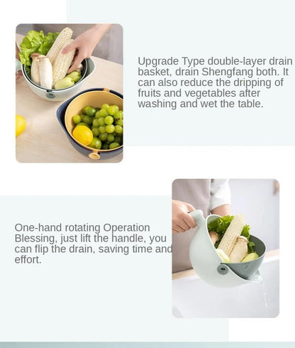 2 in 1 Kitchen Colander Rotating Washing Basket with Handle 2-Qt for Fruits Vegetables Pasta Noodles Washing Basket, BPA Free Plastic, Double-Layer, Detachable