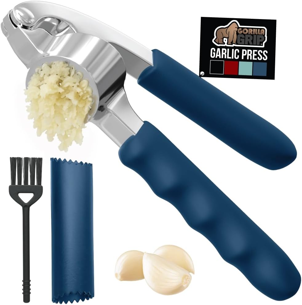 GORILLA GRIP Garlic Press and Peel Set, Heavy Duty Mincer Tool, Large Ergonomic Handle, Easily Mince and Crush Garlics, Ginger, Nuts, Seeds, Peeler Included, Peeling Cloves, Kitchen Gadgets, Red