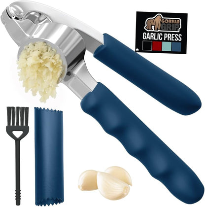 GORILLA GRIP Garlic Press and Peel Set, Heavy Duty Mincer Tool, Large Ergonomic Handle, Easily Mince and Crush Garlics, Ginger, Nuts, Seeds, Peeler Included, Peeling Cloves, Kitchen Gadgets, Red