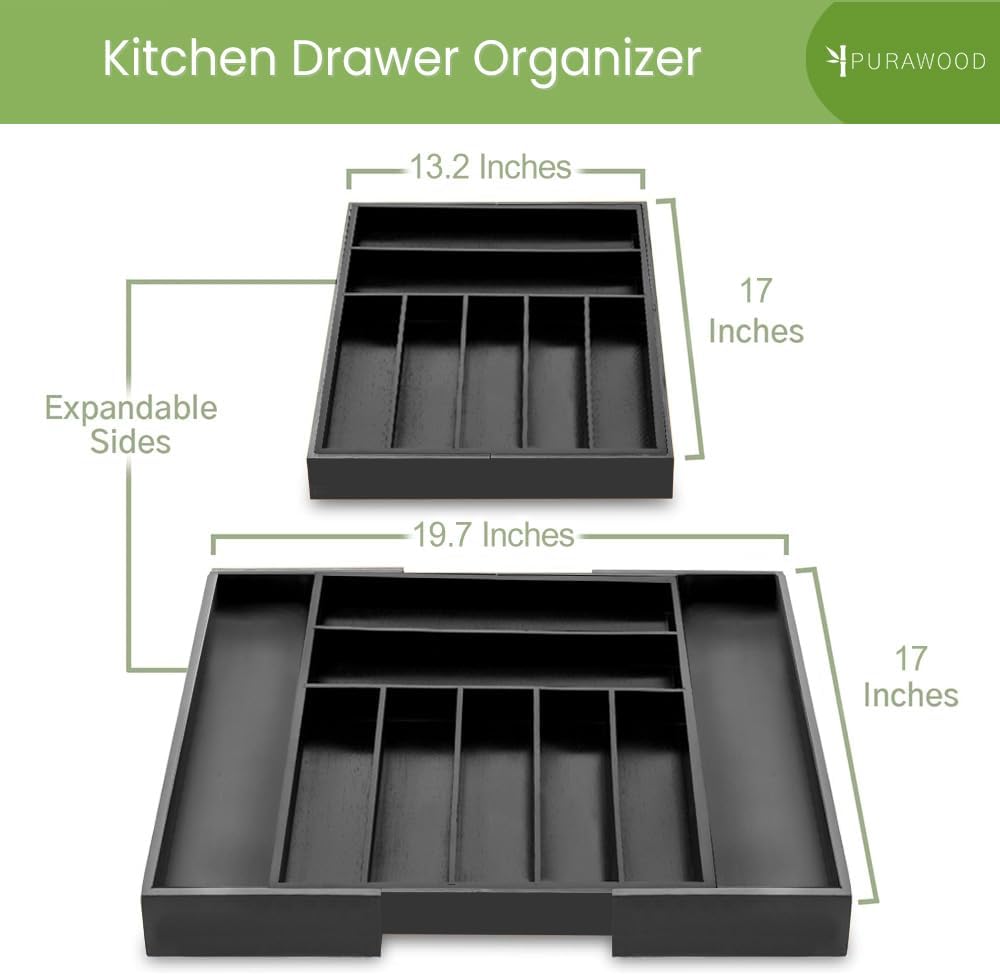 Purawood Bamboo Drawer Organizer - Expandable Silverware Organizer & Utensil Drawer Organizer, Cutlery Tray with Dividers, 7-9 Slots- Kitchen Organizer for Utensils & Flatware (Natural)