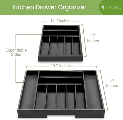 Purawood Bamboo Drawer Organizer - Expandable Silverware Organizer & Utensil Drawer Organizer, Cutlery Tray with Dividers, 7-9 Slots- Kitchen Organizer for Utensils & Flatware (Natural)