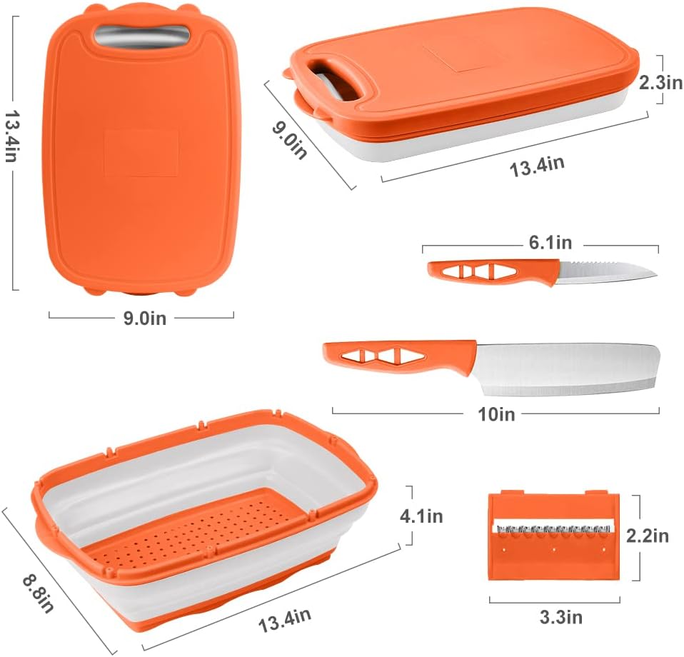 HI NINGER Collapsible Cutting Board with Colander, 9-In-1 Multi Chopping Board Kitchen Vegetable Washing Basket for Camping Gifts Camping Accessories for RV Campers