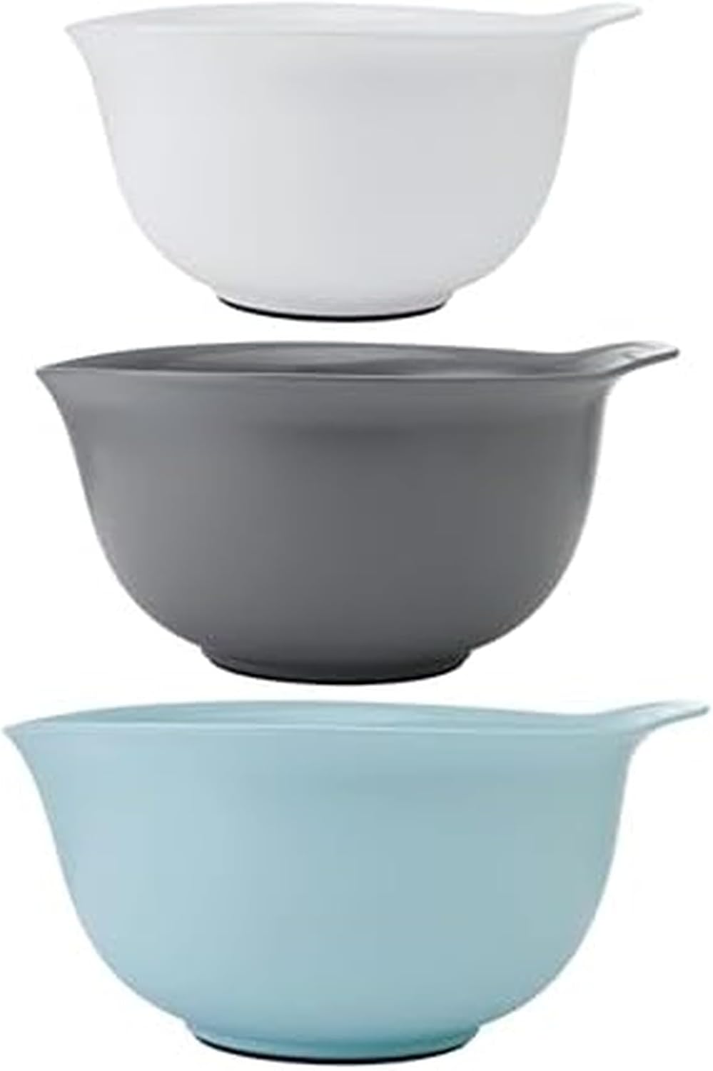 KitchenAid Universal Nesting Plastic Mixing Bowls, Set Of 3, 2.5 quart, 3.5 quart, 4.5 quart, Non Slip Base with Easy Pour Spout to Reduce Mess, Dishwasher Safe, Aqua Sky, White, Gray