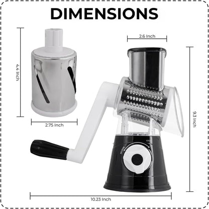 Rotary Cheese Grater, Manual Hand Crank Cheese Shredder with 3 Stainless Steel Drum Blades, Vegetable Slicer for Potato Nuts Chocolate, Easy Clean Kitchen Grater, Compact Black Design