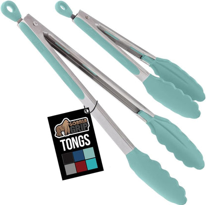 GORILLA GRIP Stainless Steel Heat Resistant Kitchen Tongs for Cooking, Set of 2 BBQ Tong, Non Scratch Silicone Tip for Pans, Strong Grip, Grab Food, Toss Salad, Air Fryer, Pull Lock, 7 + 9 Inch, Black