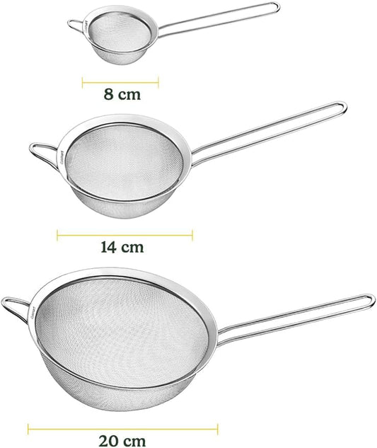 Cuisinart Mesh Strainers, 3 Count Stainless Steel Mesh Strainers for Kitchen, Fine Mesh Kitchen Strainer Set for Sifting, Straining & Cooking, Silver, CTG-00-3MS