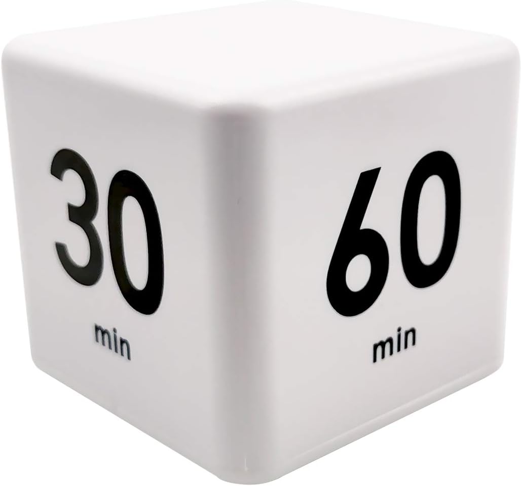 Feilifan Cube Timer, Productivity Cube Rotating Timer for Kitchen Studying Workout Classroom Kids ADHD 1-3-5-10 Minute Preset, White