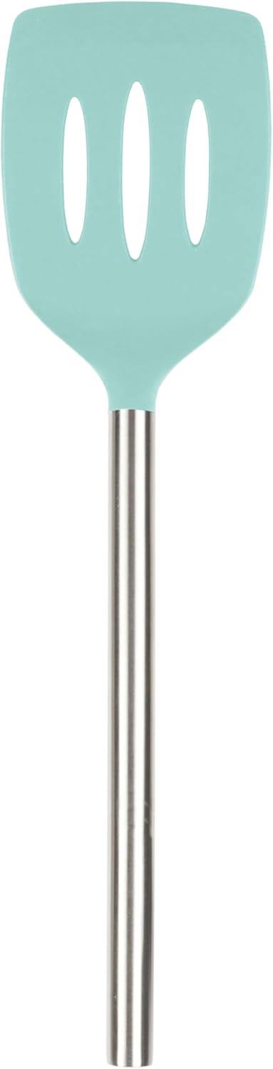 Tovolo Slotted Silicone Spatula Turner Slotted Stainless Steel Handle 10" Blue Slate Heat Resistant Non Toxic BPA Free Kitchen Utensil, Silicone Egg Pancake Flipper Metal Handle Turner for Cooking