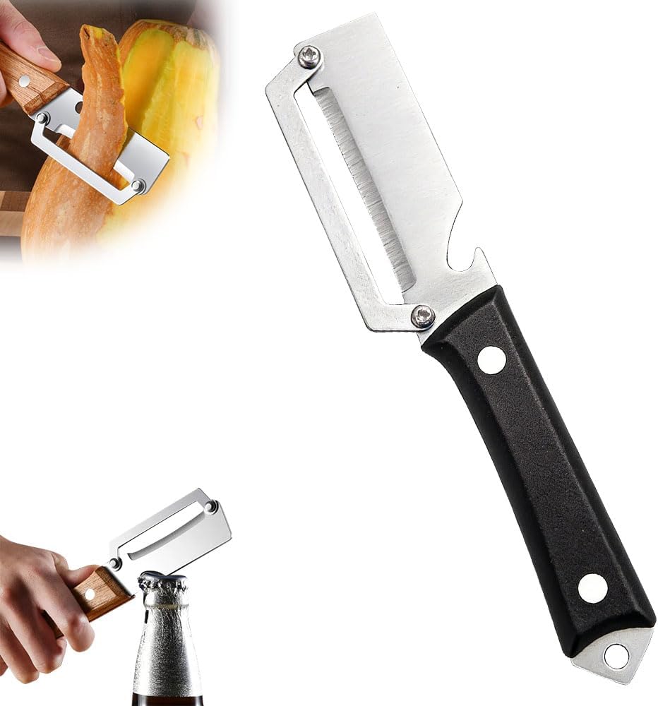 Multi-Functional Vegetable Peeler for Kitchen, 2026 New Vegetable Peeler with Wooden Handle and Bottle Opener, 2 in 1 Stainless Steel Kitchen Tool for Fruit Apple Potato Pumpkin Slicer (brown, 1PCS)