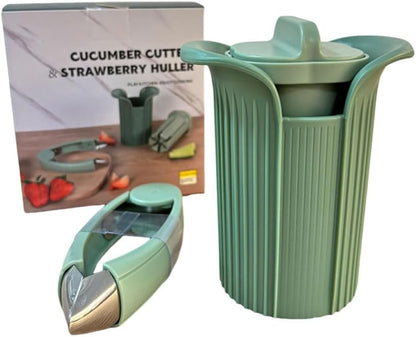 Efficient Cucumber Cutting & Strawberry Seed Removing Set: Kitchen Gadget, Easily Handle Fruit/Vegetable Strip - cutting and Seed - removing with One Button, Enjoy Convenient Cooking, Green