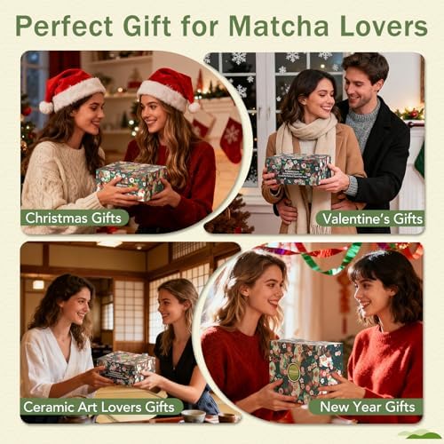 Matcha Whisk Set, Ceramic Matcha Set with Bowl, Chasen Holder, Scoop Rest, Sifter, 8-Pcs Japanese Ceremony Matcha Kit–Matcha Lovers Gift for Women Mom Girl Friend-Matcha Green
