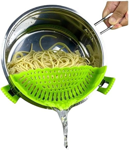 Clip On Strainer Silicone for All Pots and Pans, Pasta Strainer Clip on Food Strainer for Meat Vegetables Fruit Silicone Kitchen Colander (Grey)
