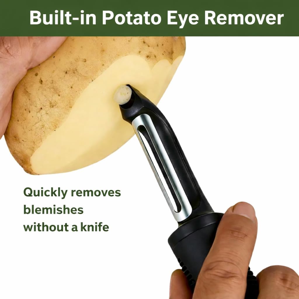 Black Premium Vegetable Peeler | Ultra-Sharp Swivel Stainless Steel Blade | Ergonomic Soft Grip Handle | Mango Peeler | Dishwasher Safe | Skin Peeler for Veggies & Fruits | Potato Peeler & Eye Remover