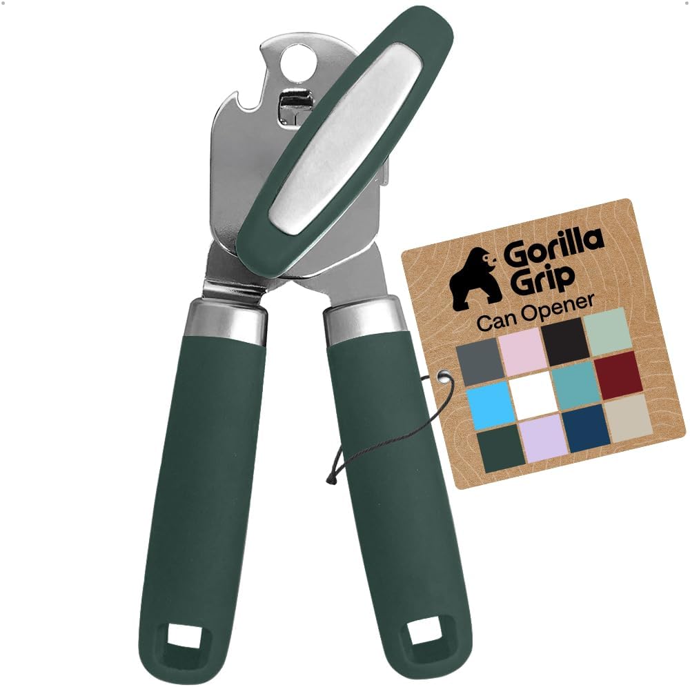 GORILLA GRIP Heavy Duty Stainless Steel Smooth Edge Manual Can Opener and Bottle Openers, US Designed, Soft Comfortable Handle, Oversized Handheld Turn Knob, Multifunctional Kitchen Tool, Black