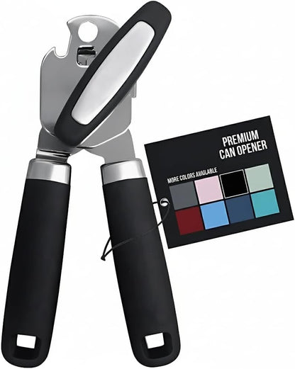 Premium Stainless Steel Manual Can Opener – Heavy Duty, Smooth Edge Design with Soft Grip Handle & Easy Turn Knob, Ergonomic Bottle Can Opener for Seniors & Kitchen Essentials, Black