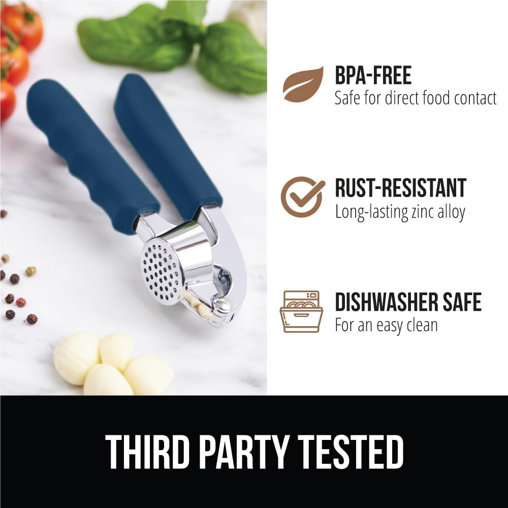 GORILLA GRIP Garlic Press and Peel Set, Heavy Duty Mincer Tool, Large Ergonomic Handle, Easily Mince and Crush Garlics, Ginger, Nuts, Seeds, Peeler Included, Peeling Cloves, Kitchen Gadgets, Red