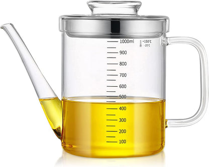 Gravy Fat Separator,1000ML Transparent Heat Resistant Glassware and Cover,with Stainless Steel Strainer,Silicone Bottom Cover and Stopper,