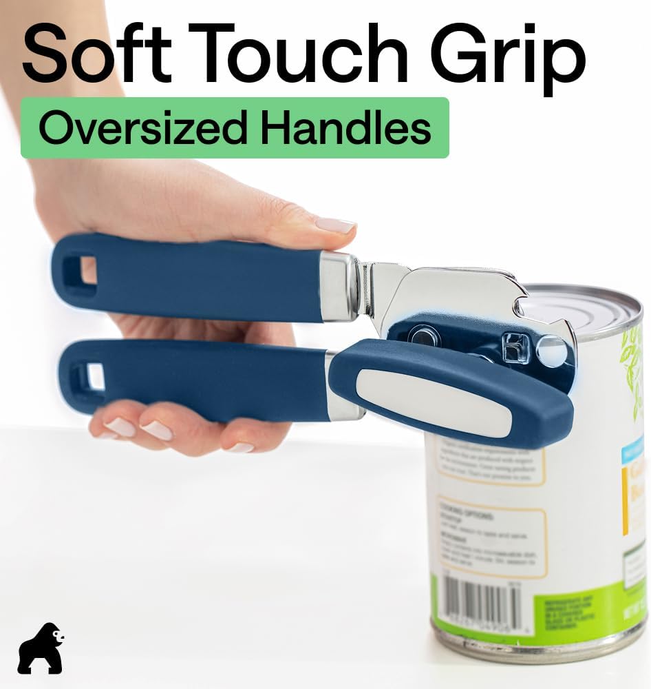 GORILLA GRIP Heavy Duty Stainless Steel Smooth Edge Manual Can Opener and Bottle Openers, US Designed, Soft Comfortable Handle, Oversized Handheld Turn Knob, Multifunctional Kitchen Tool, Black