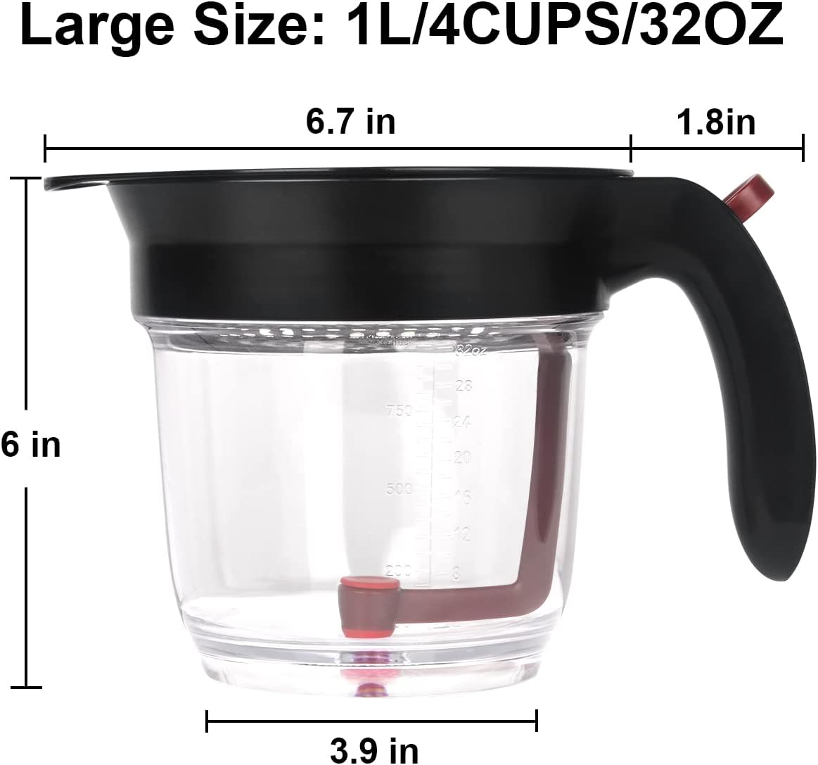 Fat Separator with Bottom Release - 4 Cup/32oz Gravy Separator, Grease Skimmer with Top Strainer & Measurement Marks - Heat Resistant Oil Separator for Healthy Cooking, Soup, Sauce & Stock
