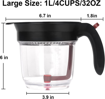 Fat Separator with Bottom Release - 4 Cup/32oz Gravy Separator, Grease Skimmer with Top Strainer & Measurement Marks - Heat Resistant Oil Separator for Healthy Cooking, Soup, Sauce & Stock