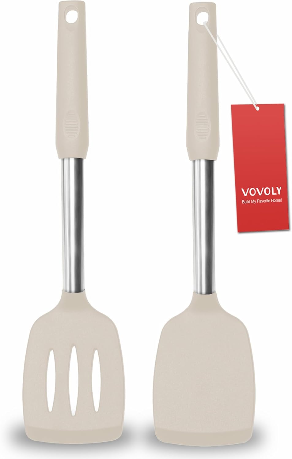 2 Pack Spatulas, Solid & Slotted Silicone Spatula Set, Stainless Steel Handle Coated with Silicone, Non Stick Turners, Heat Resistant Rubber Spatulas for Fish, Eggs, Pancakes, WOK, Black
