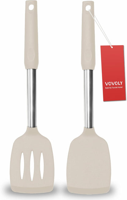 2 Pack Spatulas, Solid & Slotted Silicone Spatula Set, Stainless Steel Handle Coated with Silicone, Non Stick Turners, Heat Resistant Rubber Spatulas for Fish, Eggs, Pancakes, WOK, Black