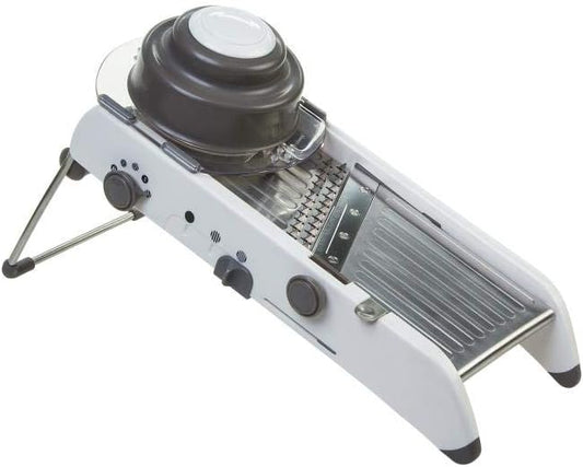 PL8 Professional Mandoline - Versatile Slicer with Adjustable Straight, Waffle, and Julienne Blades, Extra-Wide Stainless Steel Deck, Safety Hand Guard, Non-Skid Feet, and Space-Saving Design