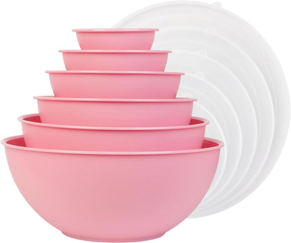 BoxedHome BPA Free Plastic Round Mixing Bowl with Lids, 12 Pack Nesting Bowls with Lids Set, Microwave and Dishwasher Safe Prep & Serving Bowls Great for Mixing, Baking, Serving (Pink, 12pcs)
