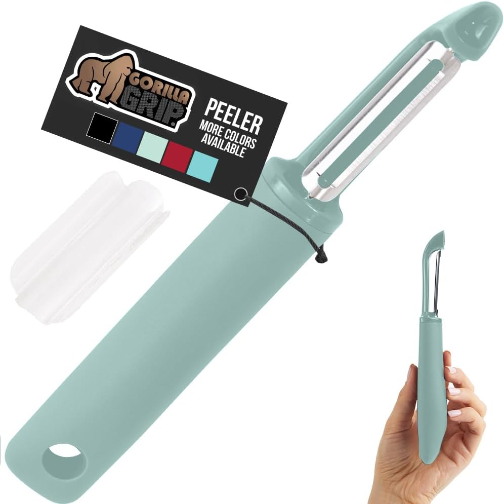 GORILLA GRIP® Patented BPA-Free Vegetable Peeler, Extra Sharp Swivel Stainless Steel Blades with Guard, Comfortable Soft Handle, Easily Peel Carrots or Fruit, Potato Eye Remover, Washer Safe, Black