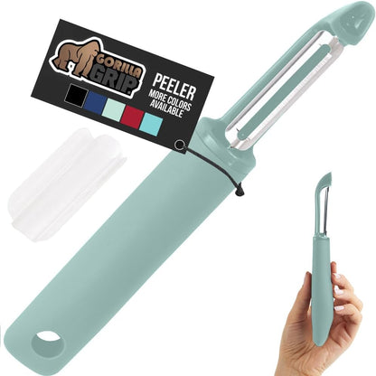 GORILLA GRIP® Patented BPA-Free Vegetable Peeler, Extra Sharp Swivel Stainless Steel Blades with Guard, Comfortable Soft Handle, Easily Peel Carrots or Fruit, Potato Eye Remover, Washer Safe, Black